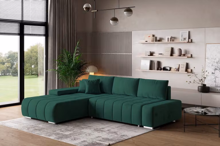 Divano angolare Masseno ALESE L-S con funzione letto a L, divano con box letto, divano da soggiorno, divano, divano letto, set di divani - verde, MONOLITH 37