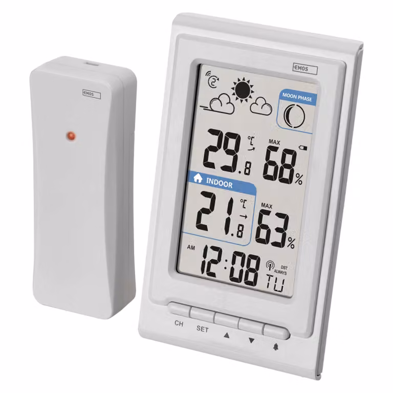 EMOS Mini stazione meteo radio con sensore esterno, misura la temperatura interna ed esterna, l'umidità, le previsioni del tempo, orologio radiocontrollato con sveglia