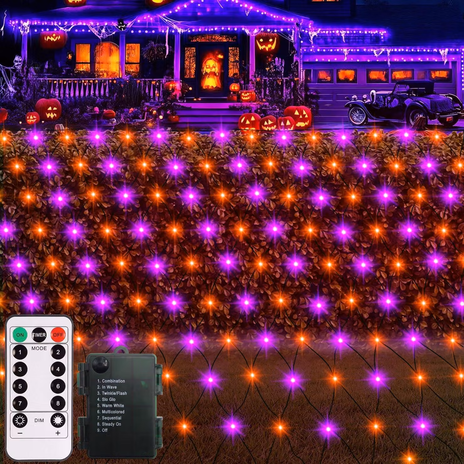 Luci decorative per Halloween, dimensioni 1,5x1,5 metri, 100 LED, colore viola/arancione, con telecomando e timer