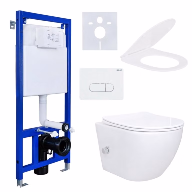 Set completo per WC Aloni sospeso con funzione WC/bidet, rubinetto dell'acqua calda/fredda, sedile soft-close ed elemento di fissaggio a parete