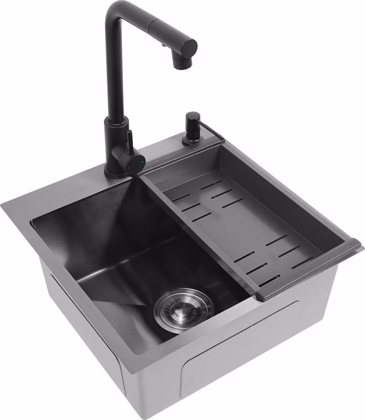 Lavello da cucina - Vasca singola 45×45×18 cm - Quadrato - 2 fori - Rubinetto estraibile 60 cm - Con cestello di scarico - Acciaio inossidabile