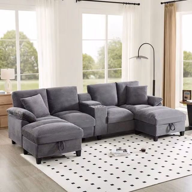 Sofa a U 4 posti con contenitori, porte USB e portabicchieri in tessuto corduroy grigio 293 × 142 × 93 cm