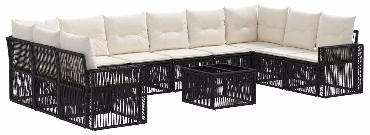 Set Divano da Giardino 11 pcs Nero e Bianco Crema polyrattan