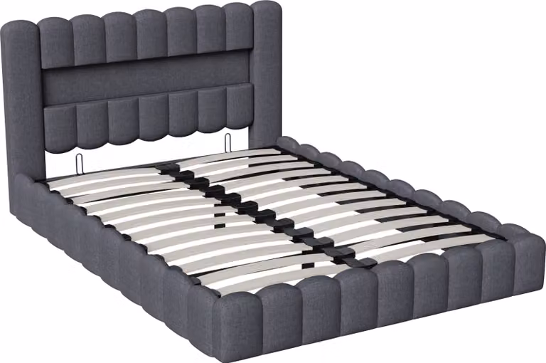 letto contenitore 160x200 con testata LED, letto imbottito con rete a doghe, letto matrimoniale, grigio
