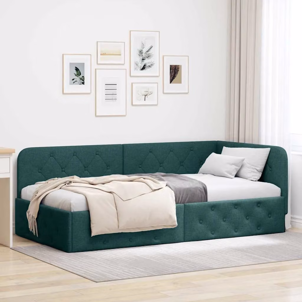 Cornice del letto ad angolo vidaXL in tessuto verde con struttura in legno, L 200 x P 100 x H 72 cm – 1