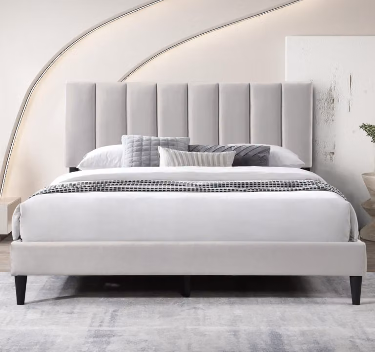 Letto imbottito 140x200 e 160x200 cm, letto matrimoniale con rete a doghe e rivestimento morbido, struttura del letto, trapuntatura verticale, 140x200 cm, beige