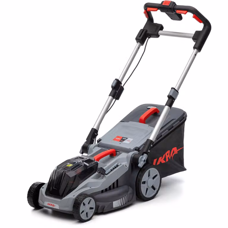 Tosaerba a batteria IKRA IB-LM 38 | Sistema Bosch 36 V | Larghezza di taglio 38 cm | 5 altezze di taglio 30-75 mm | Kit mulching | Cestello di raccolta 42 l | Senza batteria e caricabatteria