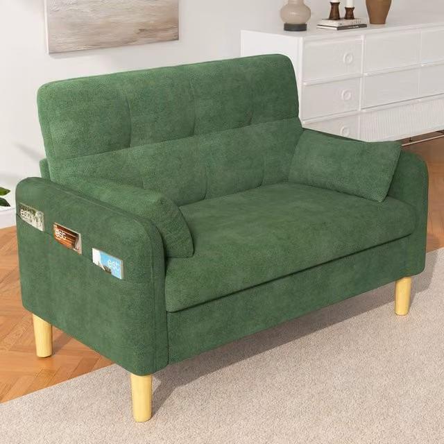 Divano 2 posti Minimal con contenitore in tessuto chenille verde e cuscini inclusi – 1