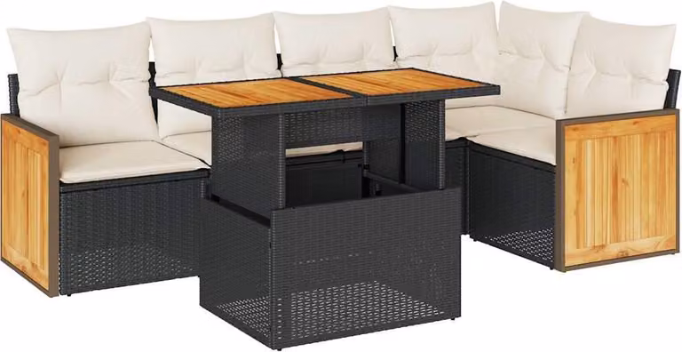 Set Divano da Giardino 6 pz con Cuscini Nero Polyrattan Acacia
