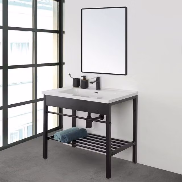 Mobile bagno a terra INBAGNO stile industrial nero opaco con specchio e vanità L: 80 cm, P: 47 cm, H: 84 cm