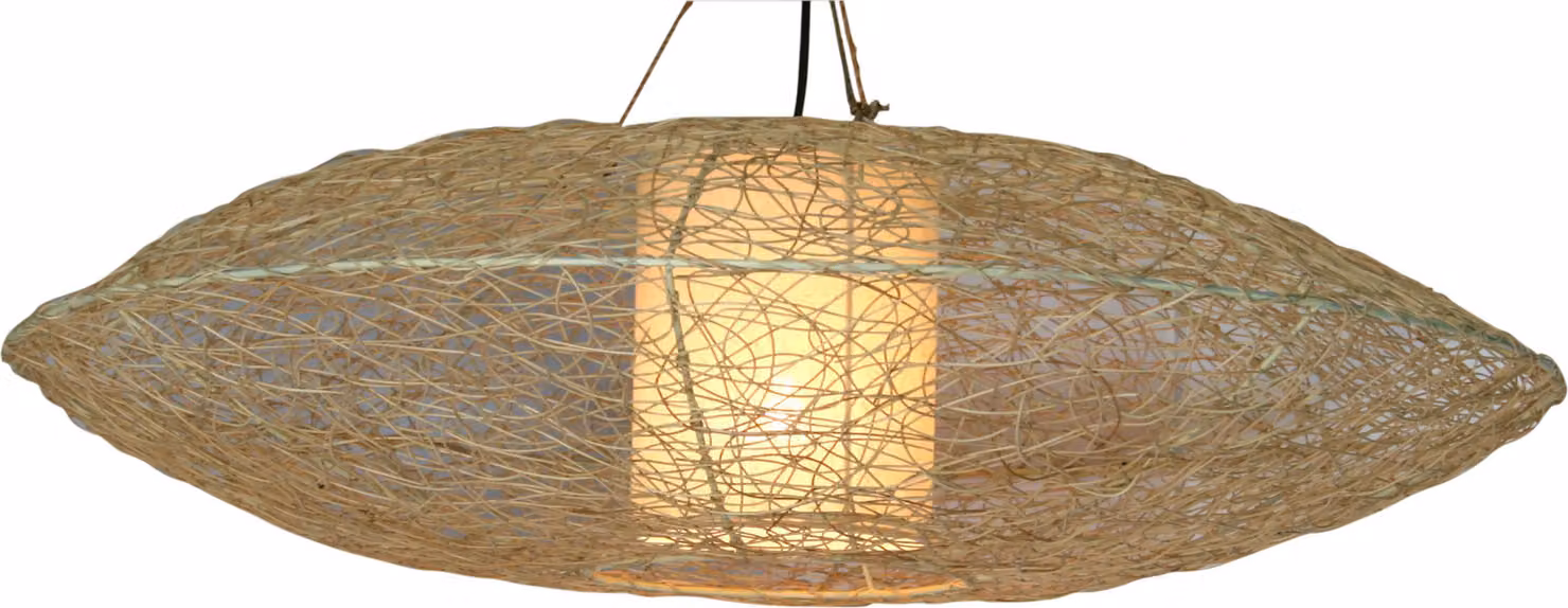 Lampada da soffitto / plafoniera, fatta a mano a Bali in materiale naturale, rattan - modello Miranda Flat, giallo, tessuto di cotone, rattan, 20*75*75 cm, luci a sospensione in materiale naturale
