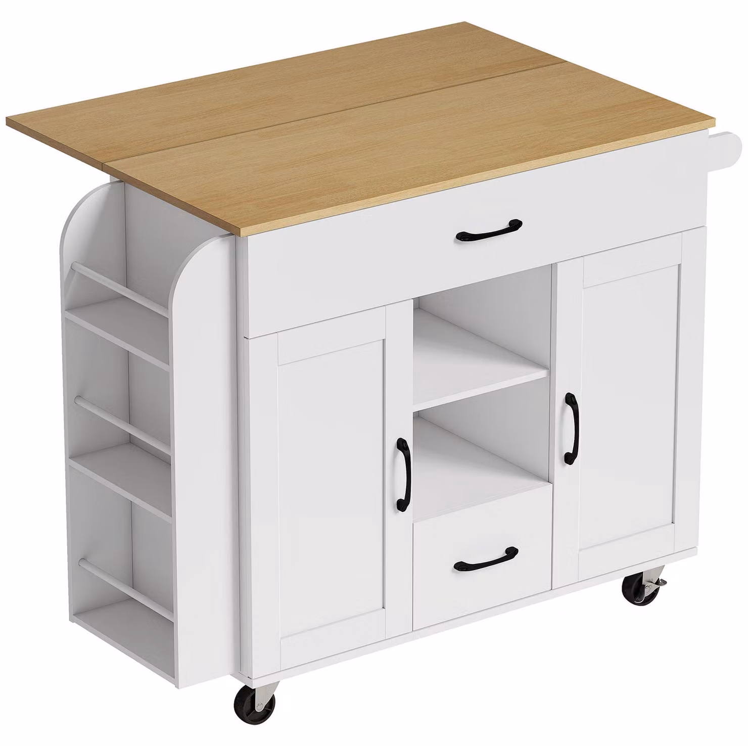 Isola da cucina su ruote con piano di lavoro pieghevole | Colore: bianco e marrone | Dimensioni: 115x70x89 cm