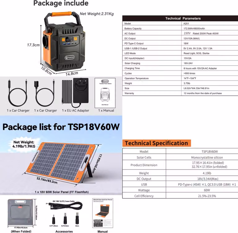 Stazione di ricarica portatile - Generatore solare - Capacità 172,8 Wh agli ioni di litio - CA 200 W 230 V UE - CC 12 V/10 A 120 W - Con pannello solare - Temperatura di esercizio −10–40 °C