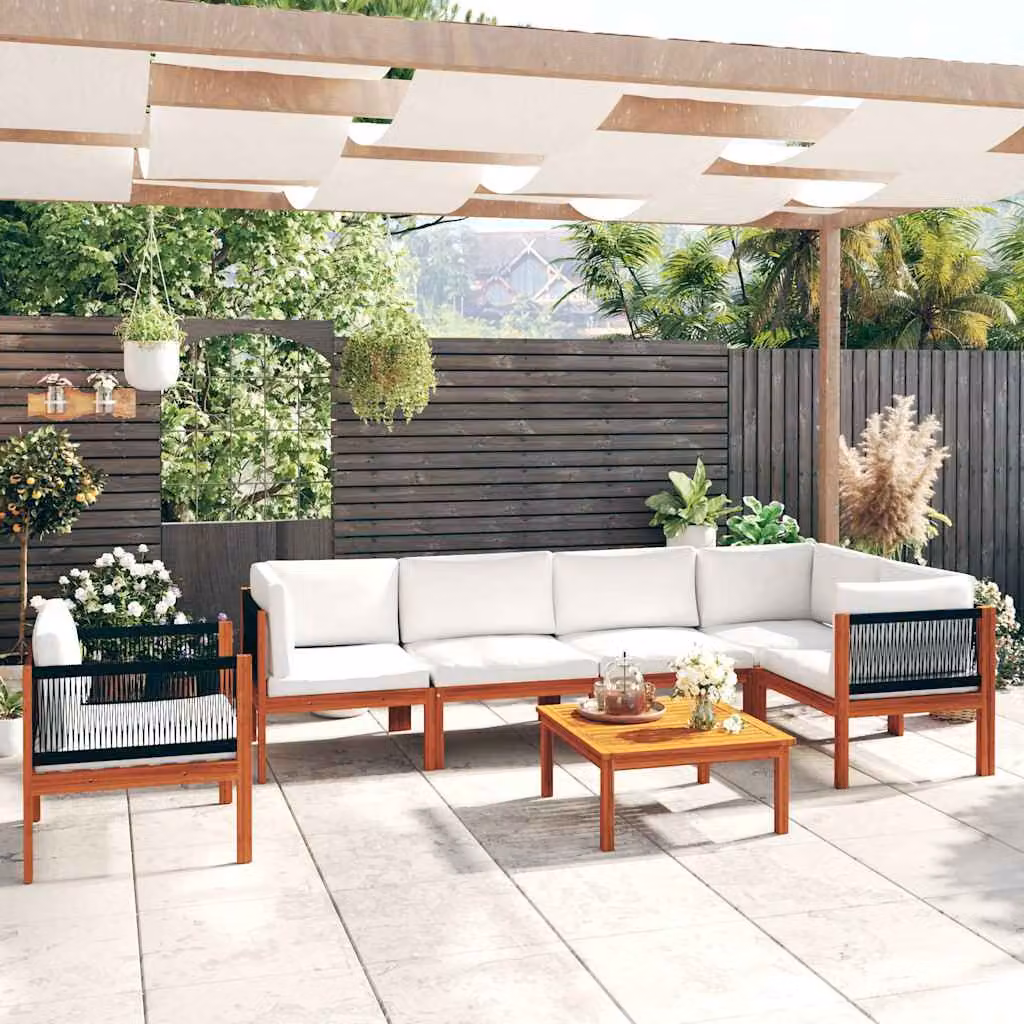 Set da giardino vidaXL in legno di acacia con 7 pezzi e cuscini beige e bianchi