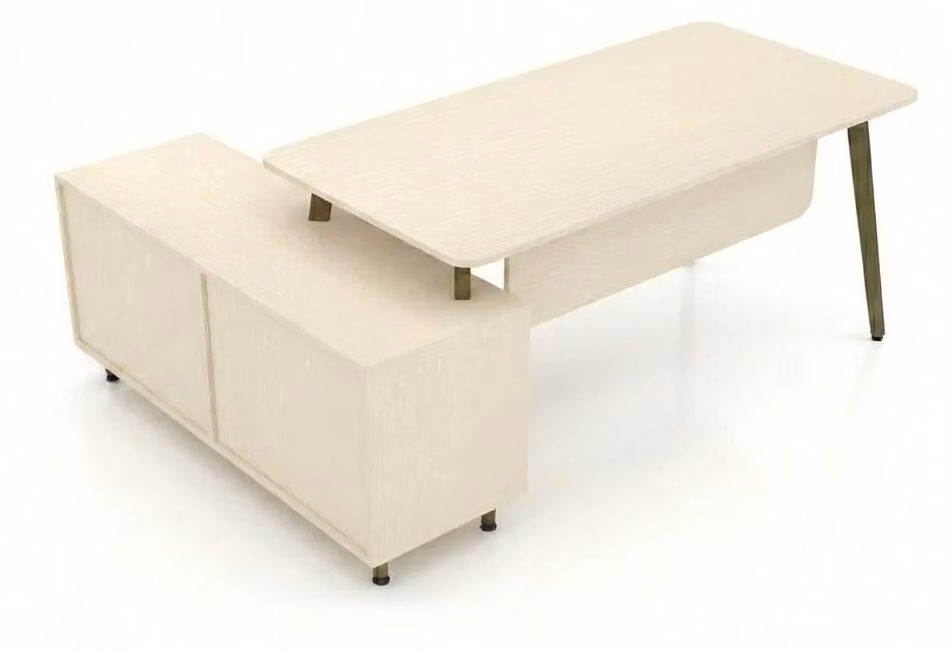 Scrivania moderna con spazio contenitivo, mobiletto laterale, arredamento per ufficio, color beige