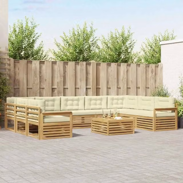Set di divani da esterno a L con tavolino da caffè vidaXL in legno di acacia, Bianco e Beige – 1