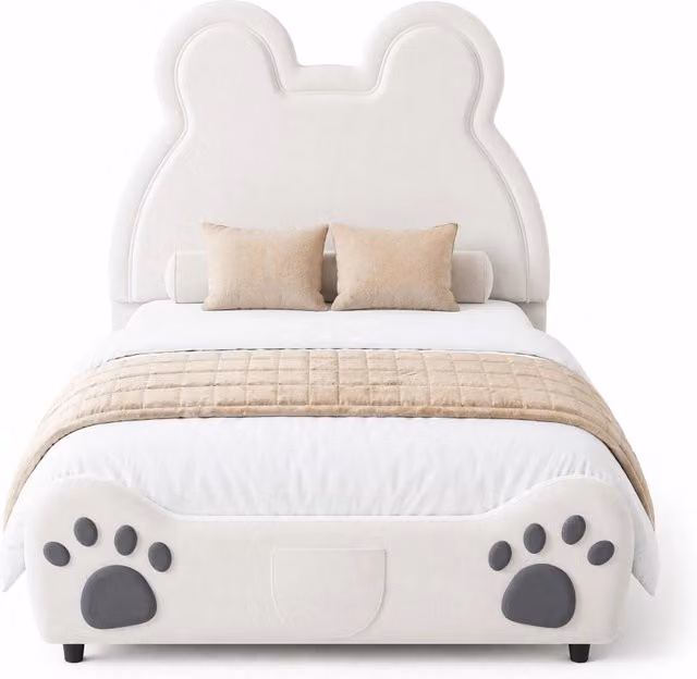 Letto singolo per bambini 90x200 cm a forma di orso in velluto bianco