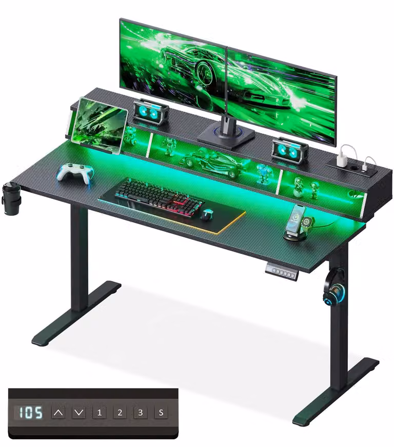 Scrivania da gaming regolabile in altezza, 140x57 cm, nera, con illuminazione RGB a LED