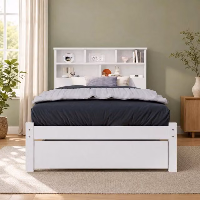Letto singolo in legno massello con cassetti, doghe e libreria integrata, 90x200 cm, bianco
