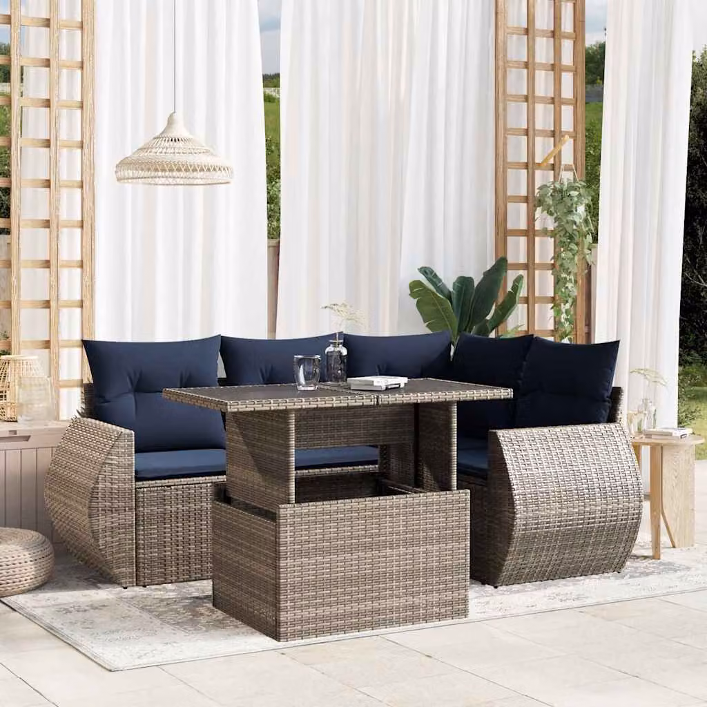 Set di divani da giardino vidaXL in polyrattan grigio con cuscini e tavolino da esterno a forma di L