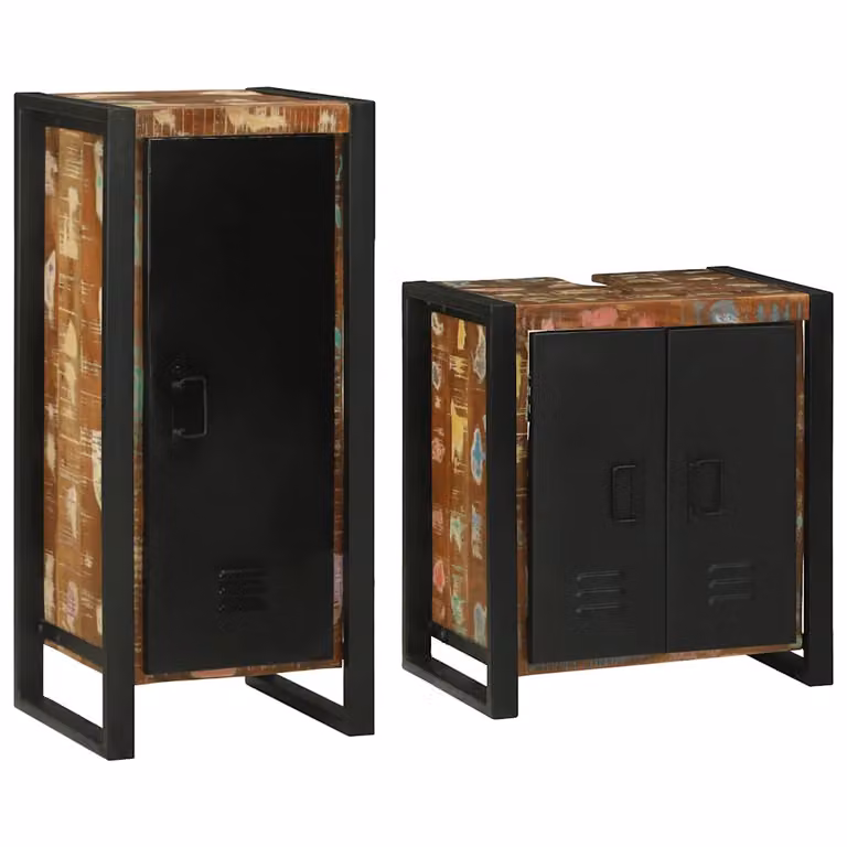 Set di mobili per il bagno moderno vidaXL in legno e metallo nero e multicolore composto da mobile lavabo, colonna alta e mobile laterale