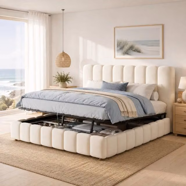 Letto contenitore matrimoniale 180 × 200 cm con apertura idraulica e testiera, senza materasso, in velluto beige