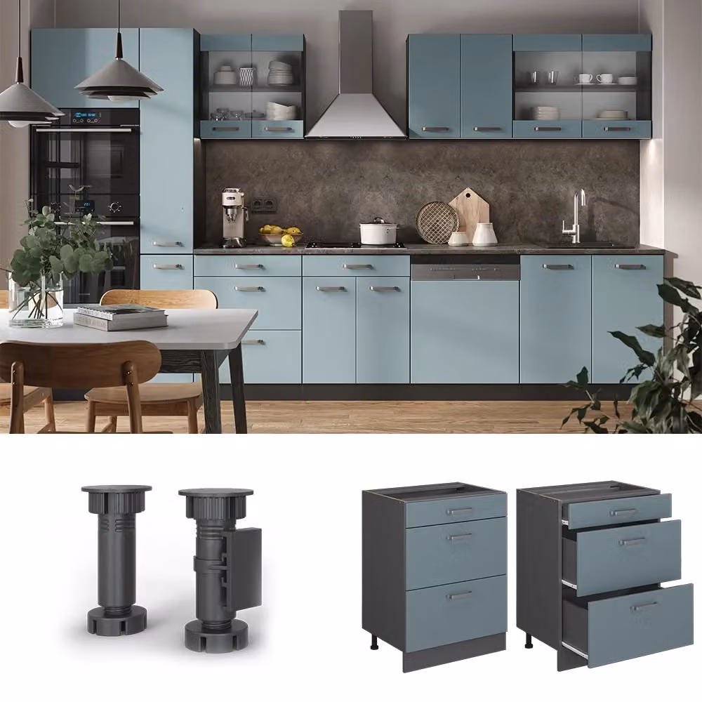 Mobiletto base per cucina Vicco R-Line Grigio-blu/Antracite con cassetti, senza piano di lavoro, L: 60 cm – 2