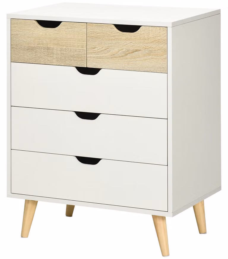 Cassettiera a 5 Cassetti per Camera da Letto con Maniglie Intagliate 60x40x77,5 cm in Legno Melaminico e Legno di Pino Bianco