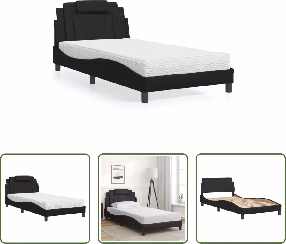 The Living Store Letto con materasso nero 100x200 cm in ecopelle