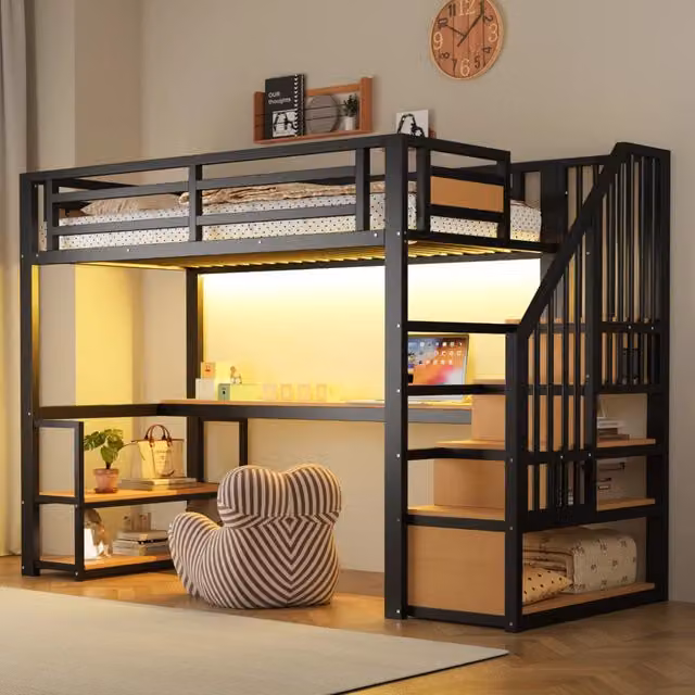 Letto a soppalco in metallo 90x200 cm con scale contenitore; scrivania e ripiani; nero
