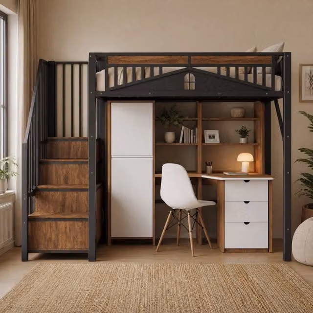 Letto a soppalco 90x200 cm in metallo nero con scale contenitore e finestra