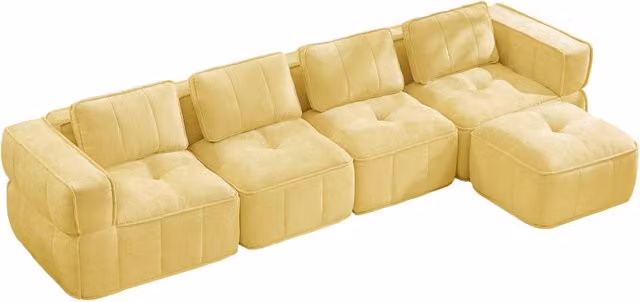Divano modulare ad angolo senza struttura con pouf, seduta profonda e rivestimento in poliestere giallo per soggiorno