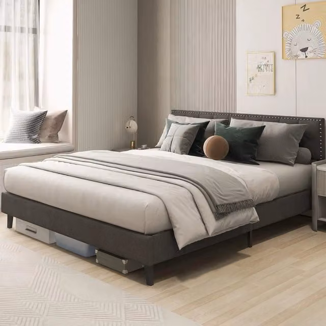 Letto a Piattaforma Moderno Costway con Testiera Imbottita in Velluto Grigio e Cassetti L/P: 180 x 200 cm – 1