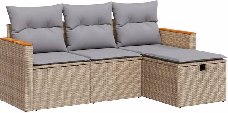 Set Divano da Giardino 4 pz con Cuscini Beige in Polyrattan