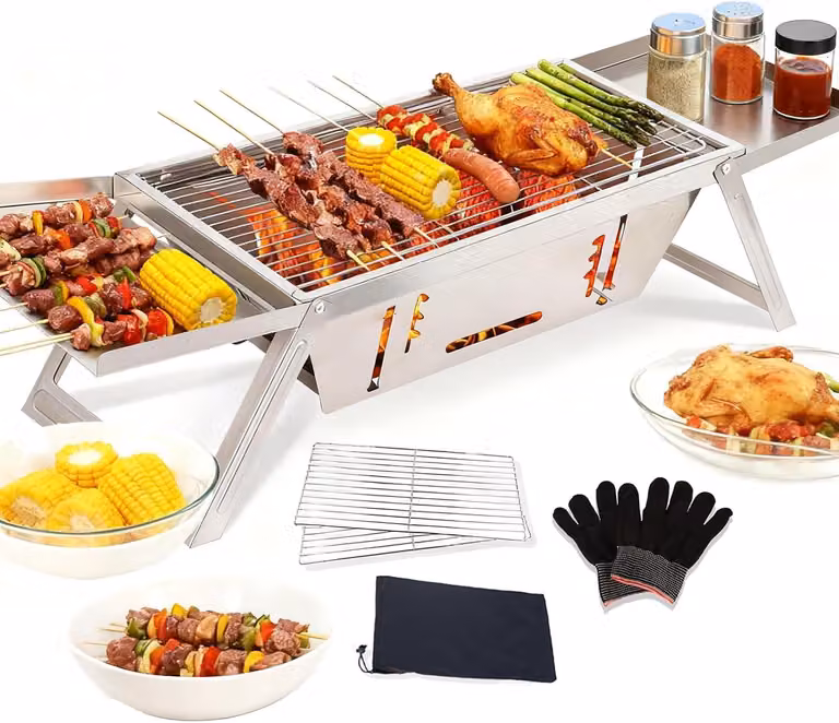 Griglia per carbone, griglia da campeggio portatile, griglia pieghevole in acciaio inossidabile, mini-barbecue regolabile per uso esterno, campeggio, terrazza, feste in giardino, colore argento, 40
