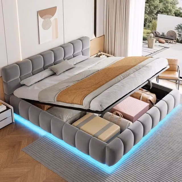 Letto imbottito con contenitore idraulico e LED, 180x200 cm, velluto grigio