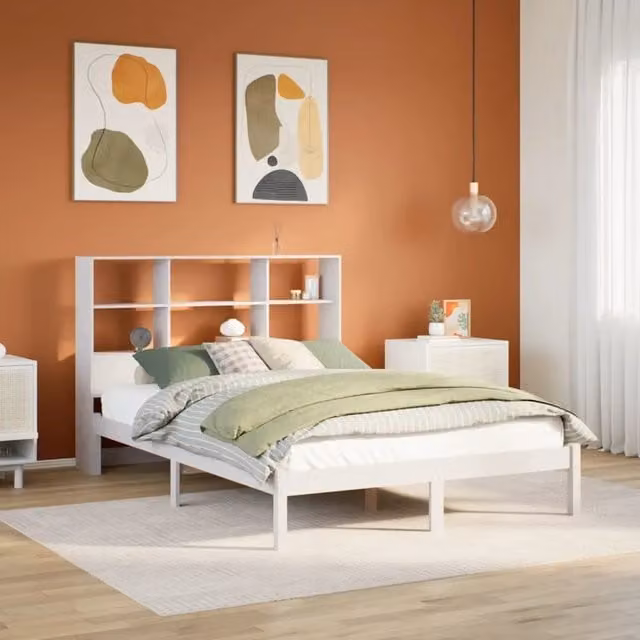 Letto Libreria senza Materasso-Struttura Letto con contenitore Bianco 160x200 cm Legno di Pino 679165