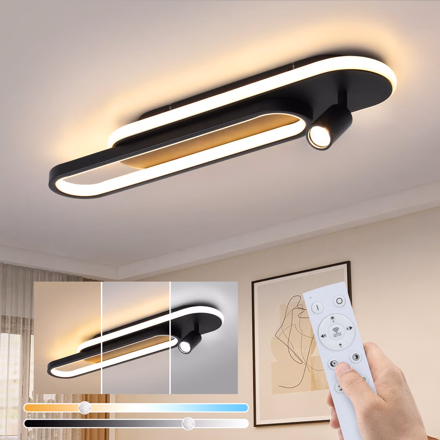 ZMH LED plafoniera dimmerabile con 1 faretto da soffitto telecomando plafoniera nera soggiorno 46W cucina lampada moderna 3000K - 6500K camera da letto lampada