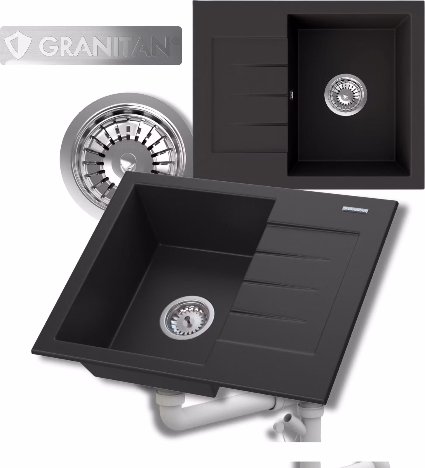 Granitan - Lavello in granito - Lavandino 57,4x46,4 cm - Lavello nero - con miscelatore - MILANO