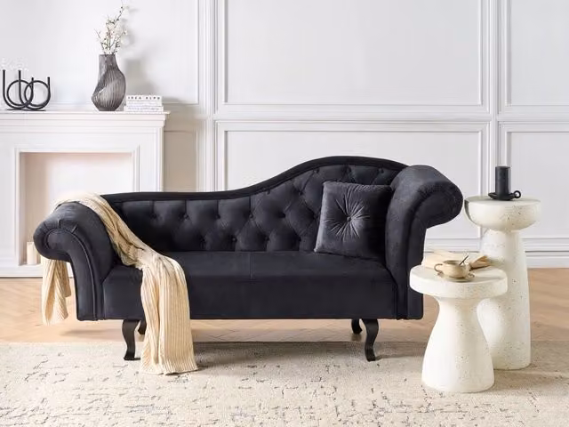 Chaise Lounge BELIANI in velluto nero con cuscino, stile classico retrò, lato destro, L/P/H: 192 x 59 x 81 cm – 1