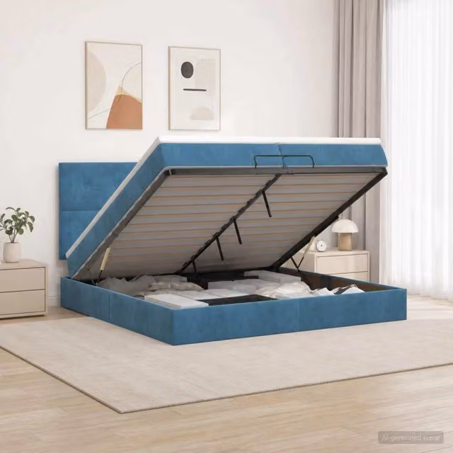 Letto ottomano moderno vidaXL in velluto blu e bianco con base a sollevamento e materasso a molle L/P/H: 203 x 200 x 140 cm