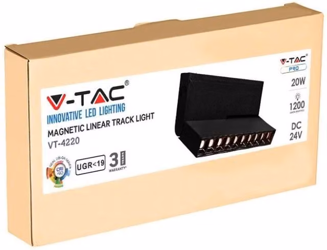 Faretto LED Lineare Magnetico V-TAC da Binario, Colore Nero, 20W (10x2W), 24V, Luce Bianco Caldo 3000K, IP20, Regolabile