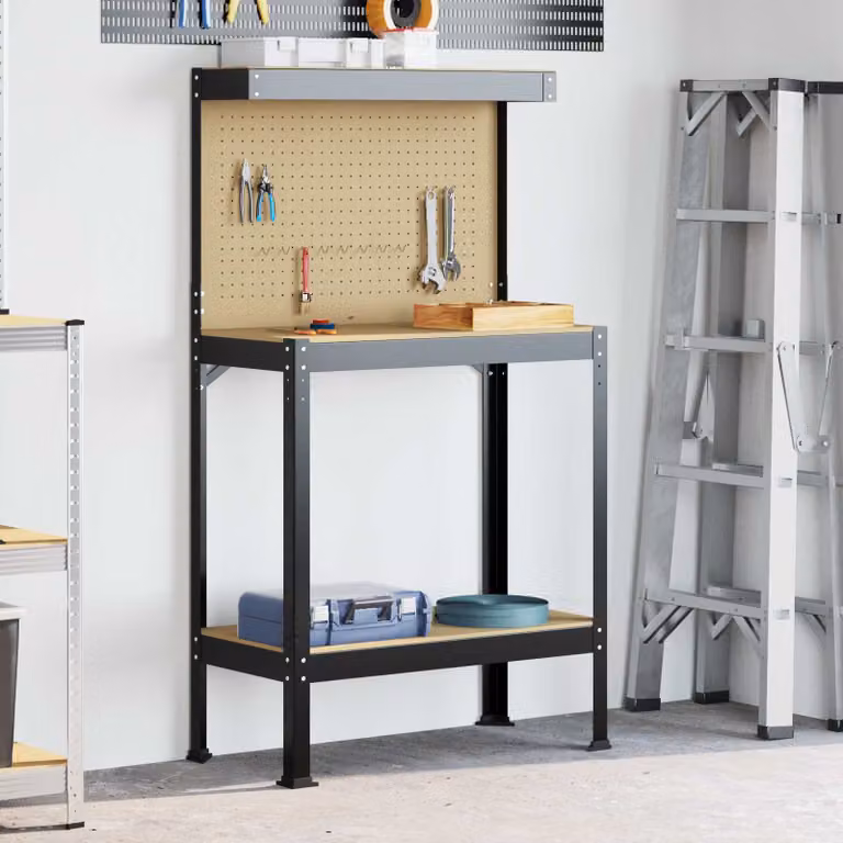 vidaXL Banco da lavoro con scaffale e pannello forato Nero L: 81 cm, P: 41 cm, H: 145 cm