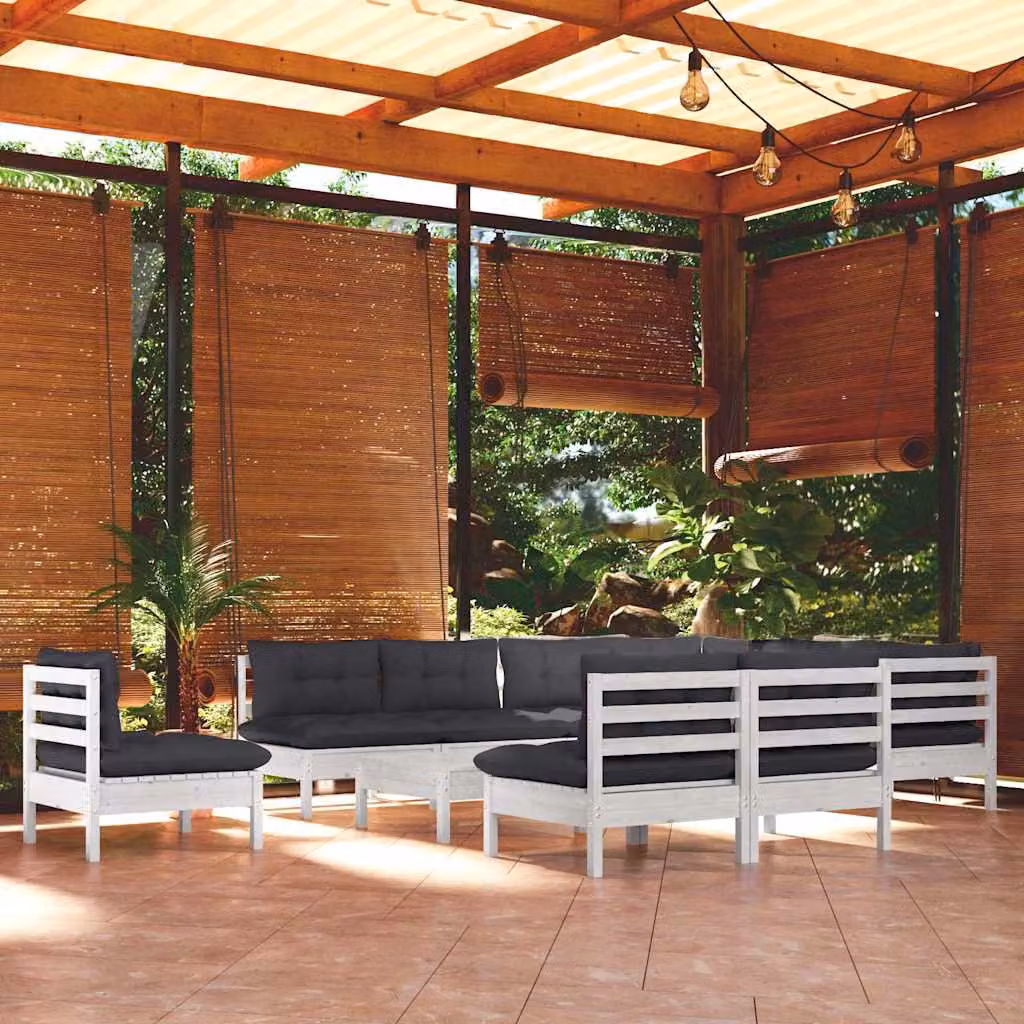 Set di divani da giardino vidaXL 11 pz in legno di pino con cuscini bianchi e antracite a forma di L con elementi angolari e pouf