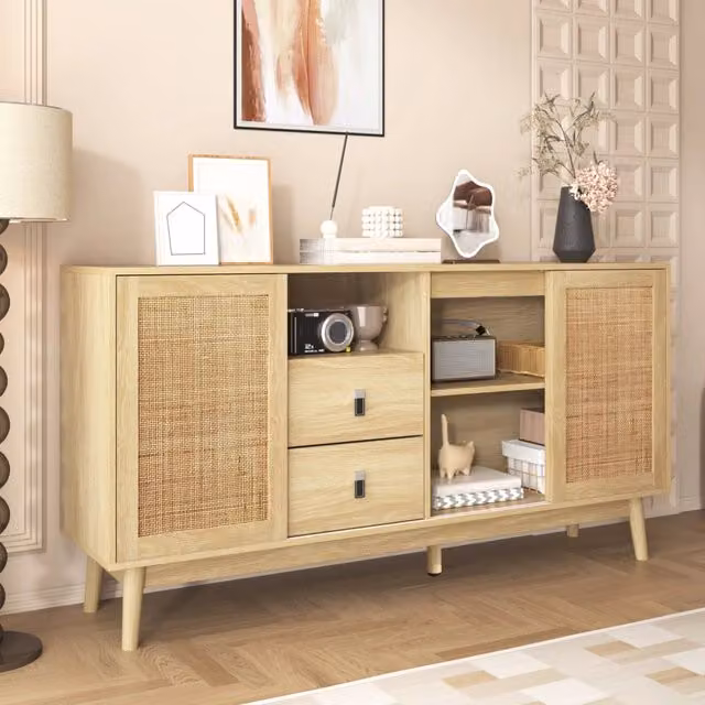 Madia 155x38x80 cm con 2 cassetti e ante scorrevoli in rattan; MDF e pannello truciolare