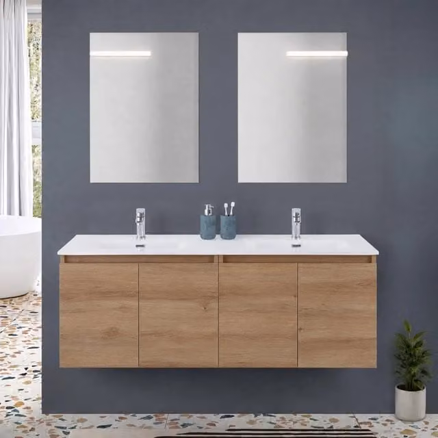 Mobile bagno sospeso 120 cm rovere africa due ante e doppia vasca Kleo