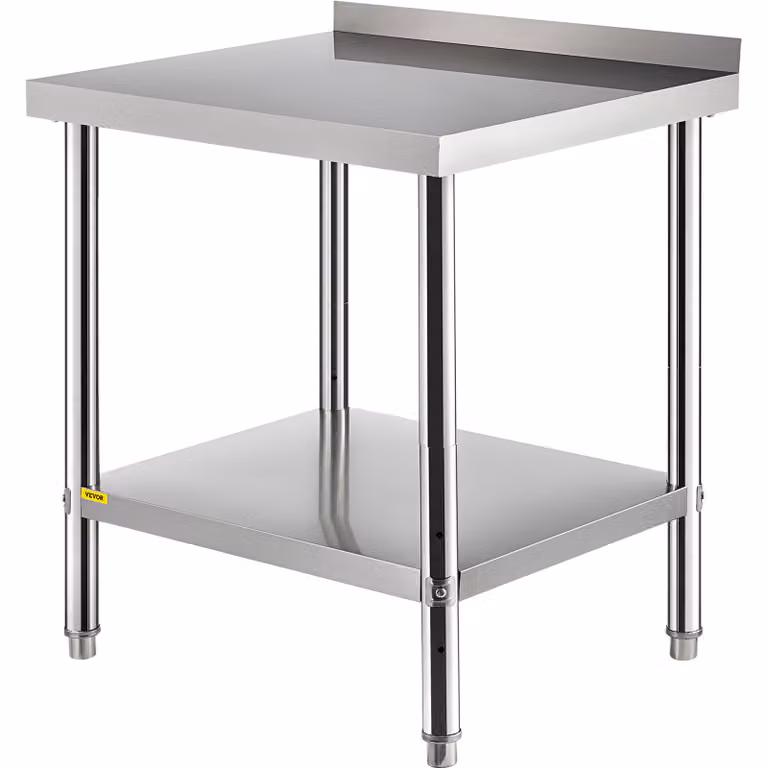 Tavolo di preparazione in acciaio inox VEVOR 30 x 24 x 35 pollici, capacità di carico di 440 libbre, robusto tavolo da lavoro in metallo con pannello posteriore e ripiano di base regolabile, postazione di lavoro commerciale per cucine di ristoranti