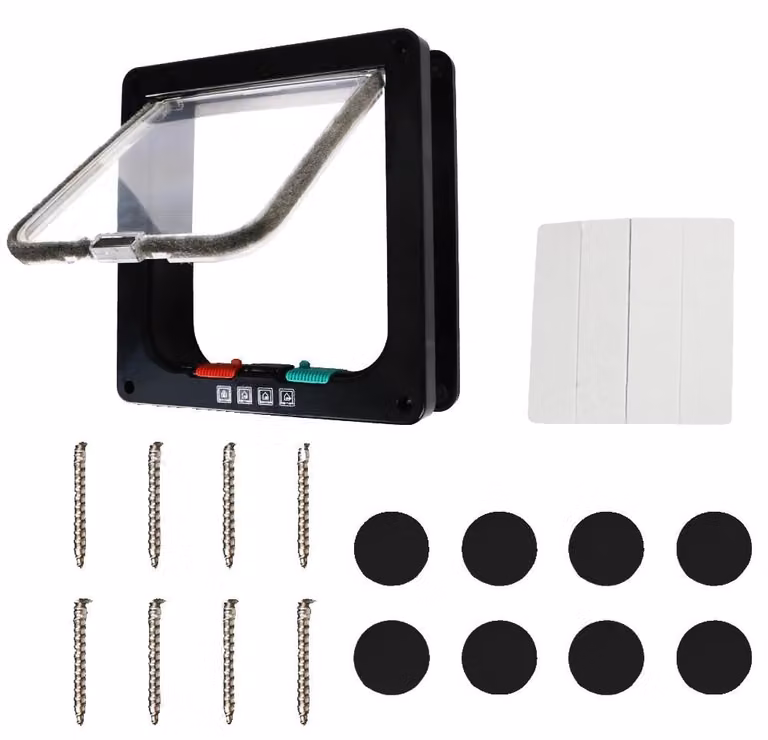 Porta per animali domestici, sistema di blocco a 4 vie, realizzata in plastica ABS resistente, taglia XL e colore nero, taglia XL e colore nero
