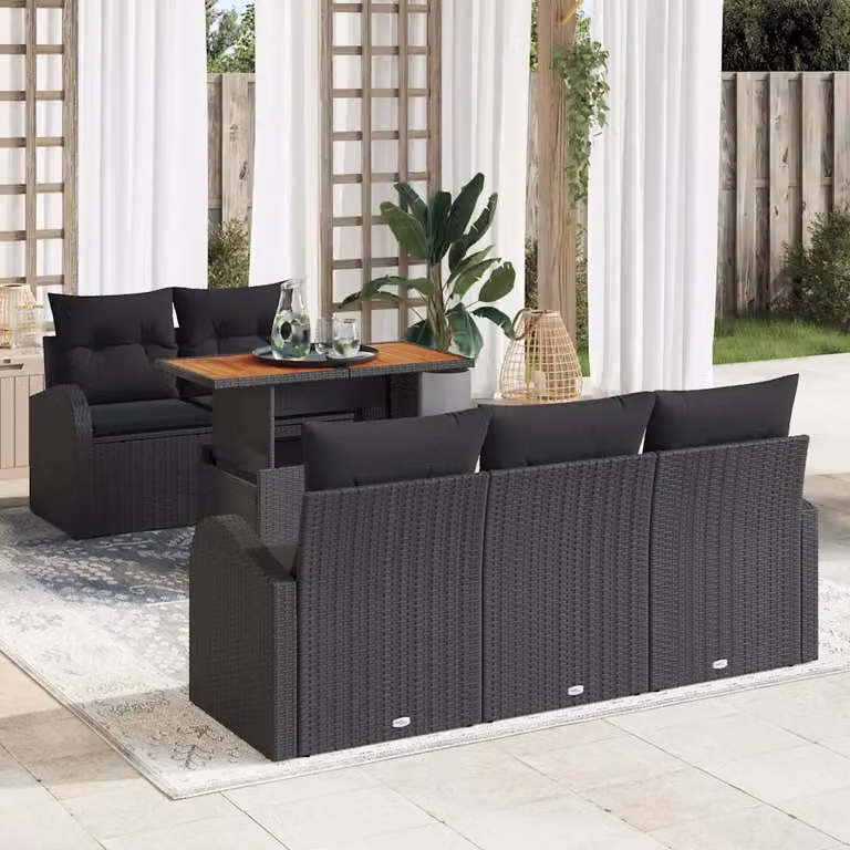 Set Divano da Giardino vidaXL 6 Pezzi in Polyrattan Nero con Cuscini e Contenitore per Archiviazione