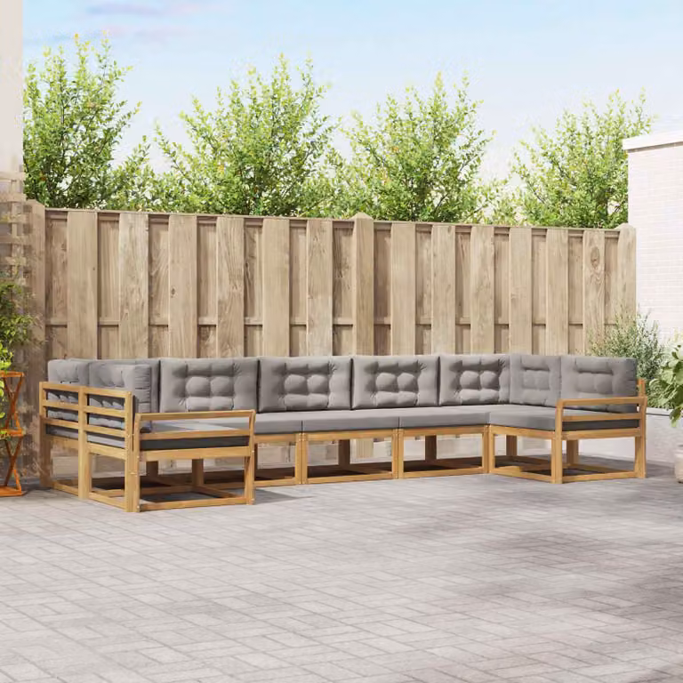 Set di divani da esterno vidaXL a forma di L composto da 7 pezzi in legno di acacia con cuscini in bianco, grigio e marrone